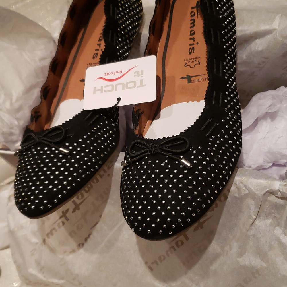 Tamaris NEW Ballerinas Flats Metallic Studs Shoe BLACK Suede Leather Womens 7.5 - Picture 17 of 17